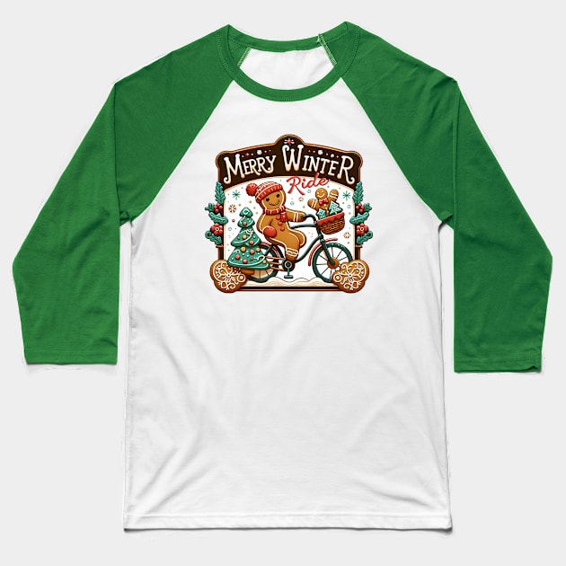 Merry Winter Ride - Gingerbread cookie riding a bike Baseball T-Shirt by PrintSoulDesigns